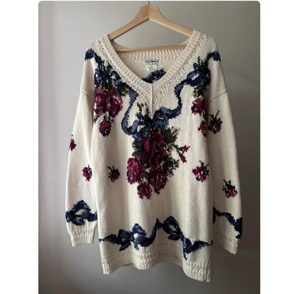 1990s Handknit Floral Heavy Cotton Sweater | Vintage Knit with Bows - Picture 1 of 6